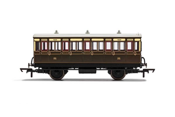 R40112 Hornby OO GWR 3rd Class 5 Door 4 wheel coach. Gas lamps + step boards 1889 - Fitted working lights