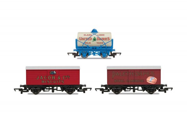 R6991 Hornby 00 'Retro' Wagons, three pack, United Dairies Tanker, Jacob's Biscuits, Palethorpes